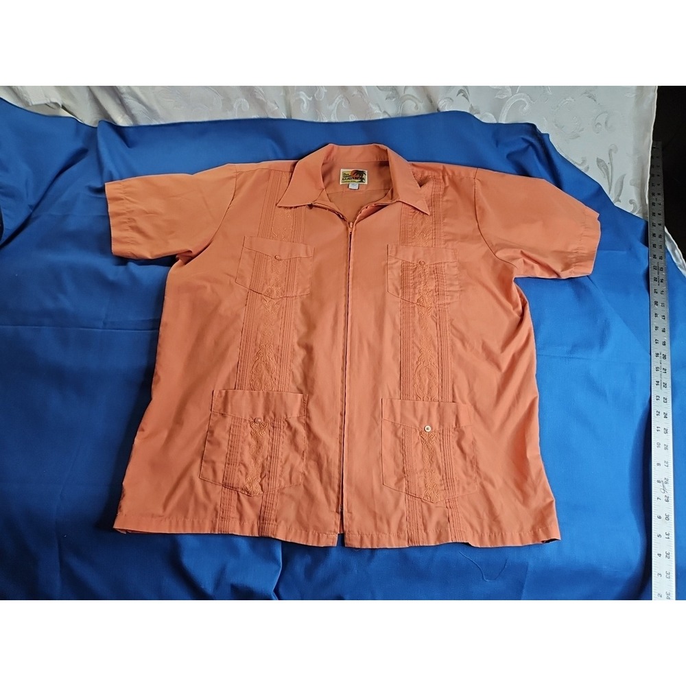 Haband Guayabera Cuban Shirt Zip Up Embroidered Peach Orange Rust Cubavera LG - Picture 2 of 9